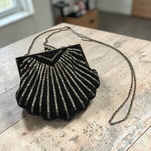 Vintage Black Beaded Clutch Purse Scallop Shell Evening Bag Silver Black Beads